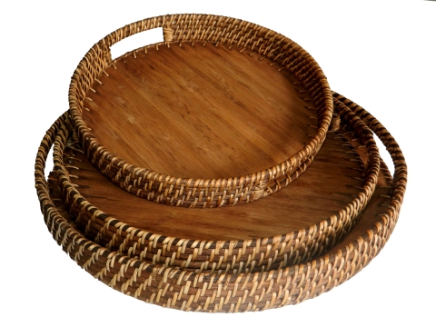 Round rattan/ laminated bamboo serving tray, set of 3 pcs